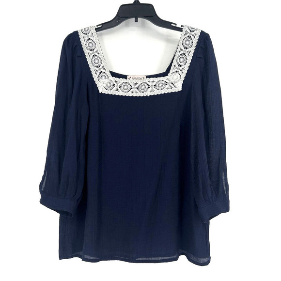 Nanette Lepore Boho Navy Blue Crinkle Top Lace Trim Square Neck 3/4 Sleeves Sz M - Picture 1 of 10